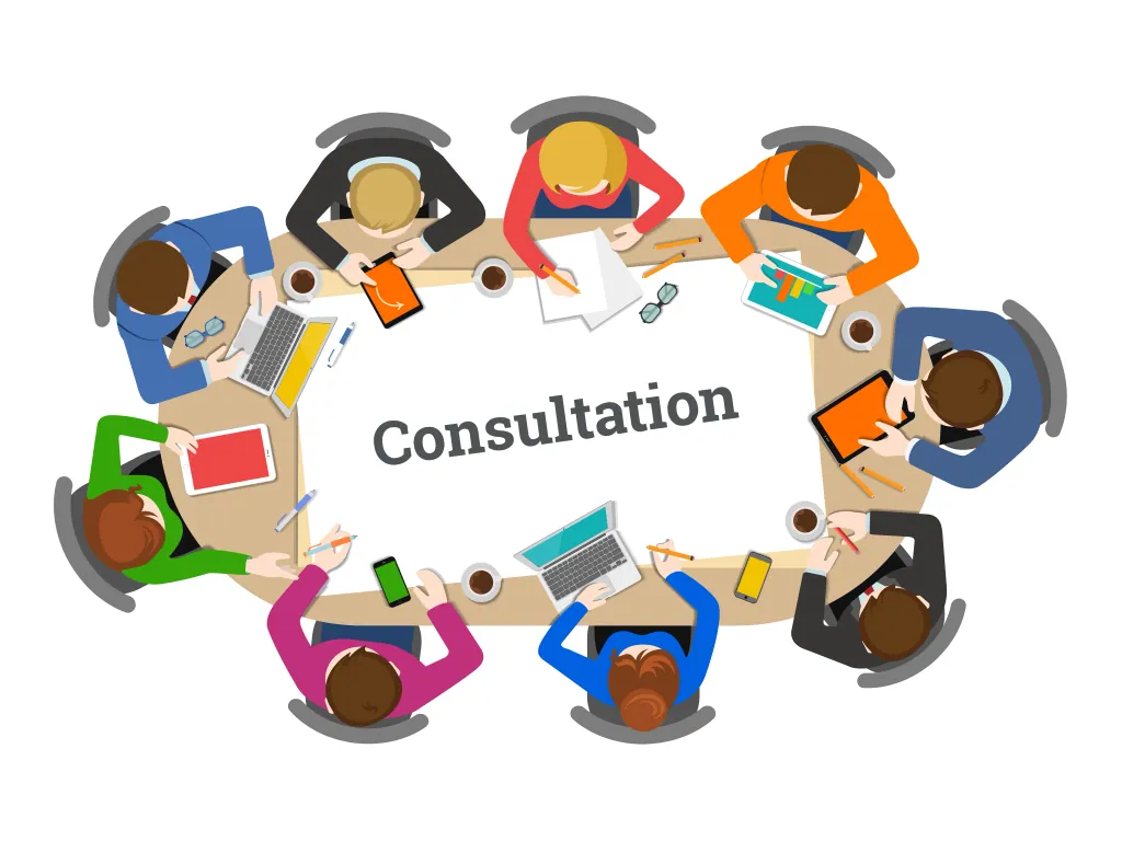 Illustration of a design team seated around a table during a consultation