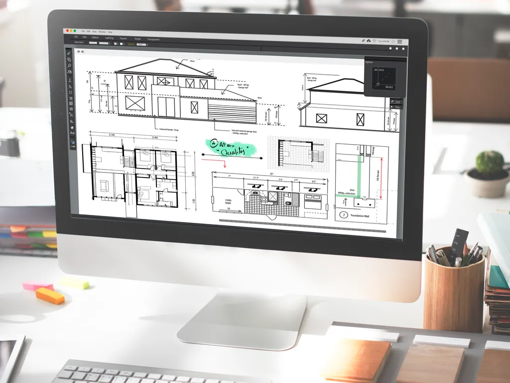 Architectural floor plans and elevations on a computer screen