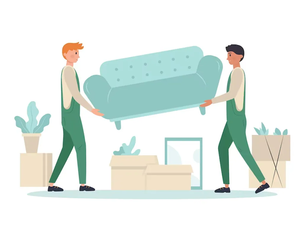 Illustration of two movers carrying a sofa, with boxes and plants beside them