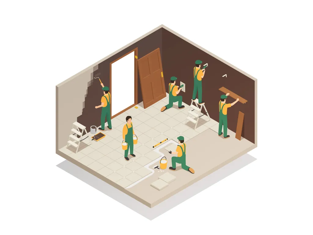 Illustration of workers fitting a door, painting and tiling a room