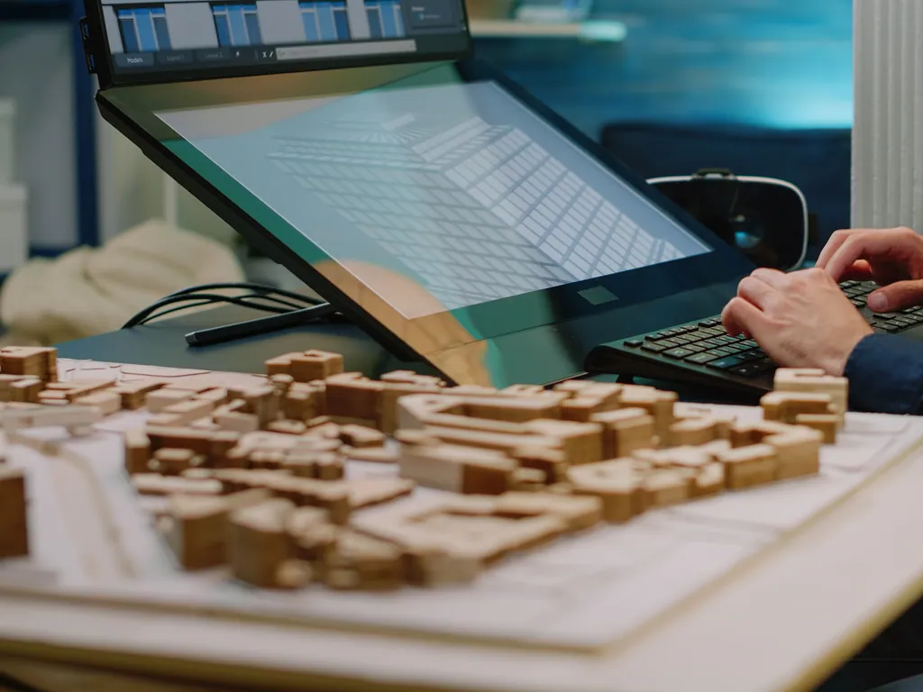 Architect working on a laptop beside a wooden scale model of a building