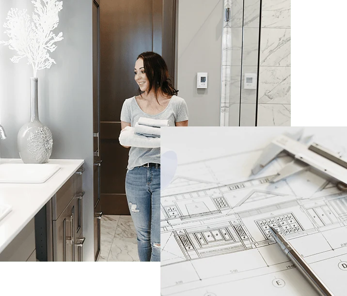 A woman carrying towels in a bathroom, with an architectural floor plan in the foreground
